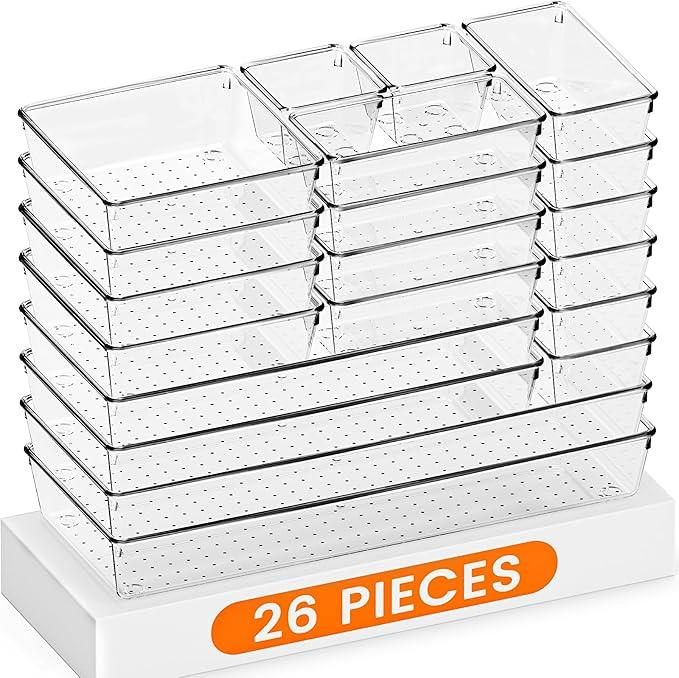Criusia Drawer Organizer, 26 Pack Clear Plastic Drawer Organizer Bins, Versatile Organization and Storage Trays for Kitchen, Bathroom, Vanity Makeup and Office - ModernBath