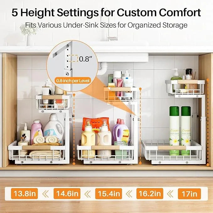 PXRACK 1 Pack Under Sink Organizer,Adjustable Height,2 Tier Pull Out Under Cabinet Organizer,Slide Out Thickened Metal Under Sink Storage for Kitchen Bathroom Laundry Cabinet Pantry,White(S) - ModernBath