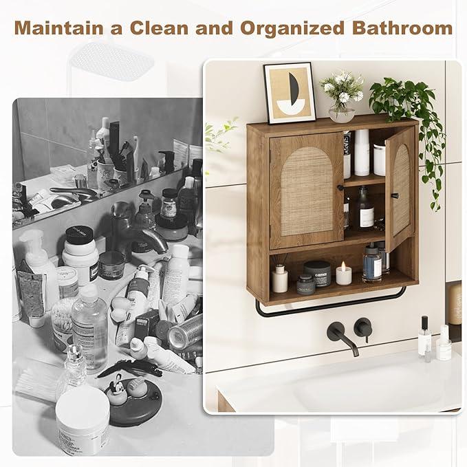 RUSTOWN Rattan Bathroom Wall Cabinet, Boho Medicine Cabinet with 2 Arched Doors, Farmhouse Over The Toilet Storage Cabinets with Adjustable Shelves & Towel Bar, 3-Tier Wall Mounted Cabinets - ModernBath