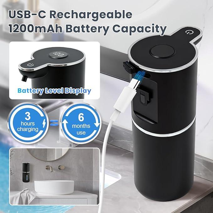 Automatic Soap Dispenser, Touchless Liquid Soap Dispensers, USB Rechargeable, 6-Level Adjustable Volume Control, 12.8oz/380ml, Wall Mount for Kitchen, Bathroom, Free Liquid Dispenser Stickers (Black) - ModernBath