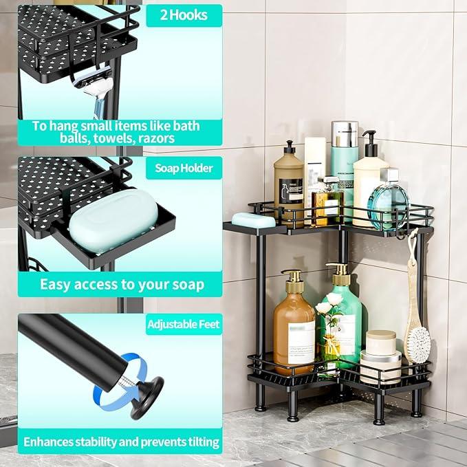 HapiRm Corner Shower Caddy Standing - 2 Tier Shower Organizer Corner with Soap Holder, Rustproof Bathroom Standing Organizer with 2 Hooks, Black - ModernBath