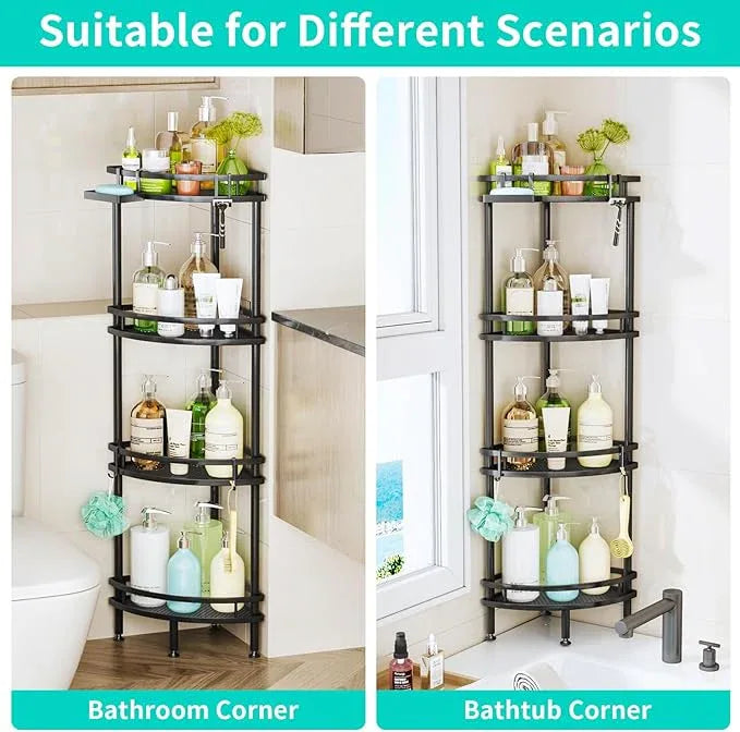HapiRm Standing Corner Shower Caddy - 4 Tier Shower Organizer Corner with Soap Holder and 4 Hooks, Rustproof Bathroom Storage Shelves with Adhesives, Black - ModernBath