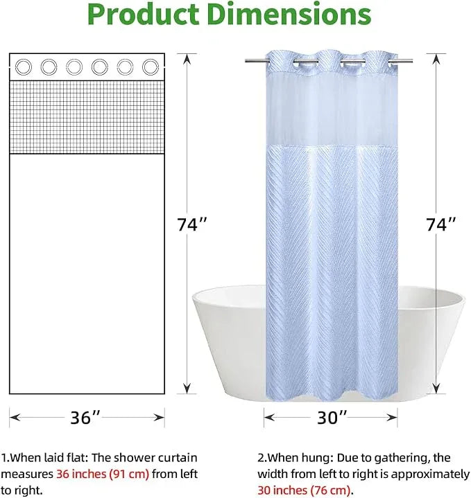 eachope stall no Hook Tufted Shower Curtain with snap in Liner Set, White Waterproof Fabric Inner Liner,Boho Style Shower Curtain with See Through top Window, FrostBlue, 36Wx74H - ModernBath