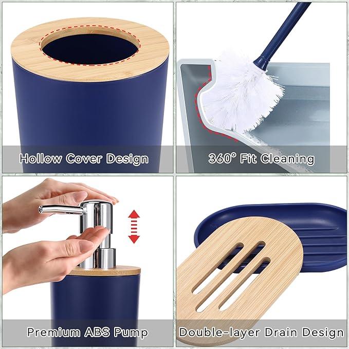 SLDIYWOW Blue Bathroom Accessories, 9-Piece Navy Blue Bathroom Accessories with Trash Can,Tray,Soap Dispenser,Toothbrush Holder,Toothbrush Cup,Soap Dish,Toilet Brush and Q-tip Holders for Bathroom - ModernBath