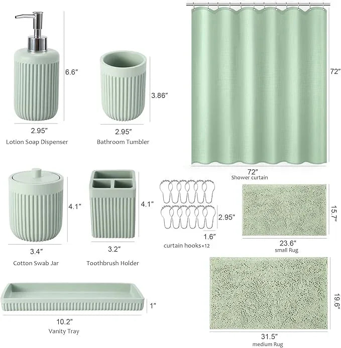 XLHOMO 8-Piece Light Green Bathroom Set - Resin Bathroom Accessories Sets Complete with Shower Curtain and Rugs, Soap Dispenser, Toothbrush Holder, Tumbler & Vanity Organizer - ModernBath