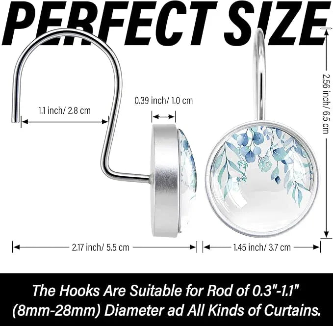 12 Pcs Spa Blue Eucalyptus Shower Curtain Hooks - Decorative Shower Curtain Hooks Rings Set - Farmhouse Stainless Steel Round Resin Shower Rings Hangers for Summer Bathroom Rods Decor - ModernBath