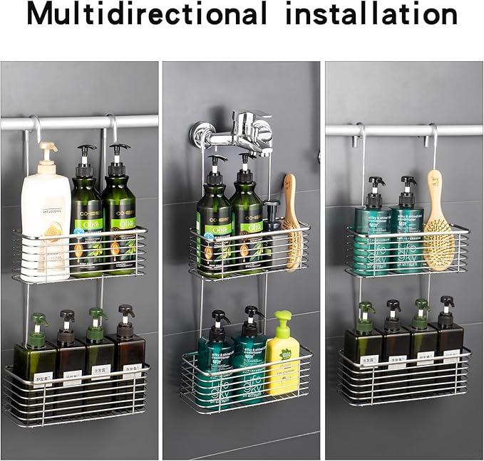 YQh Stainless steel double-layer shower rack, shower room hanging bathroom organizer, storage rack installed on the hanging bar or door, can store shampoo, hair conditioner, shower gel (double) - ModernBath