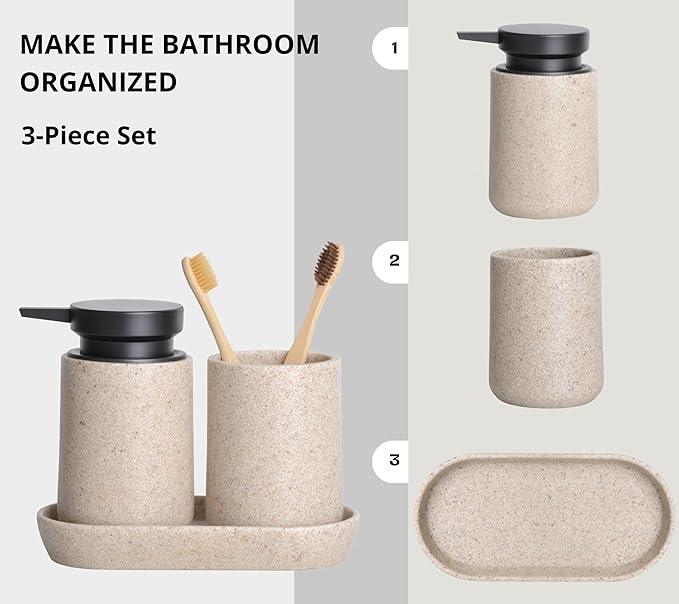 Clasin Home 3 Pcs Bathroom Accessories Set, Liquid Soap Dispenser with Large Pump, Toothbrush Holder Cup and Soap Dish, Sandstone Texture Bathroom Counter Set for Modern Home (Beige) - ModernBath