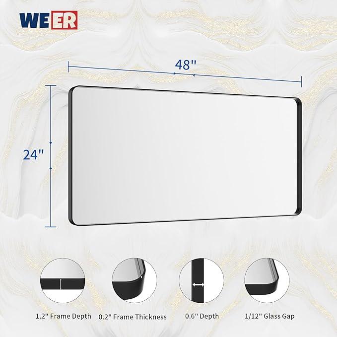 WEER Black Bathroom Mirror for Wall, 48X24 Inch Matte Black Mirror, Rectangular Black Metal Framed Vanity Mirror with Tempered Glass, Rounded Corner, Anti-Rust (Horizontal/Vertical) - ModernBath