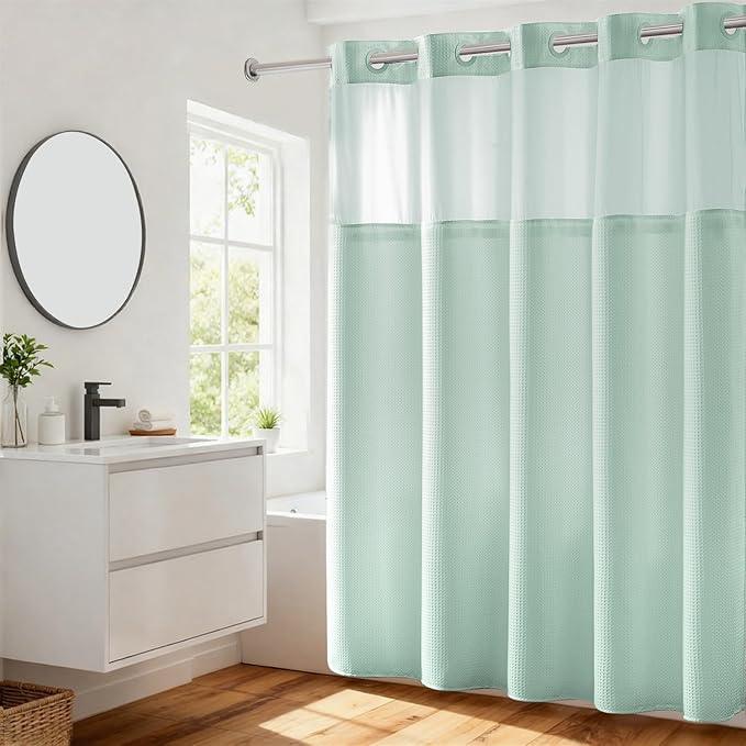 River Dream Heavyweight No Hooks Required Dotted Waffle Weave Shower Curtain with Snap in Liner - 71W x 74H,Hotel Grade,Spa Like Bath Curtain,Misty Blue - ModernBath