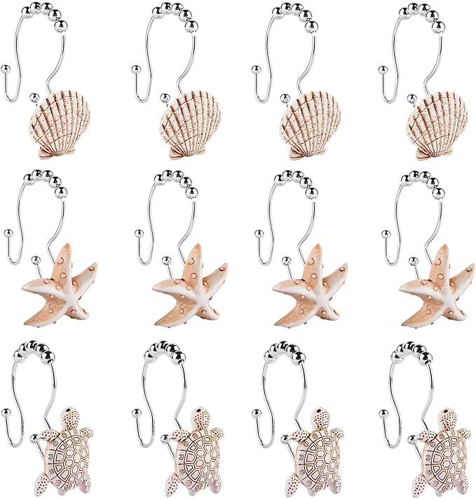Double Shower Curtain Hooks,12Pcs Seashell Shower Curtain Rings Double Shower Curtain Hooks Decorative Bathroom for Home Bathroom Bedroom Living Room - ModernBath
