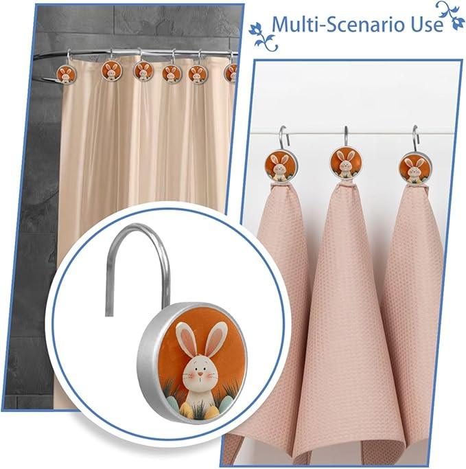 Easter Bunny Crystal Glass Shower Curtain Hooks for Bathroom Shower Rod, 12Pcs Round Home Decorative Shower Curtain Rings, Orange Bathroom Bedroom Living Room Accessories - ModernBath