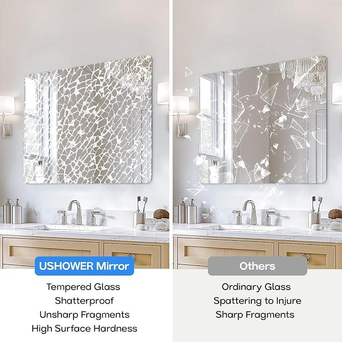 USHOWER 40x30 Inch Large Frameless Bathroom Mirror, Rectangle Wall Vanity Mirror for Bathroom, Bedroom, Entryway, Dining Room, Polished Edge, Tempered Glass - ModernBath