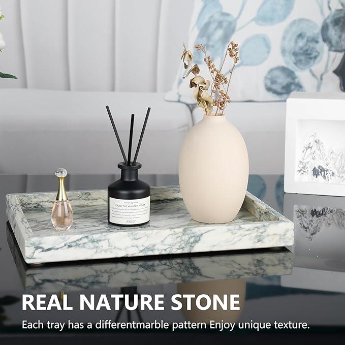 Zilukar Real Natural Marble Tray for Bathroom, Vanity, Kitchen and Desktop, Rectangle Genuine Marble Stone Tray for Jewelry, Cosmetics, Candles, Lotion, Perfume (Cyan-Green, 12" x 8" x 1.2") - ModernBath