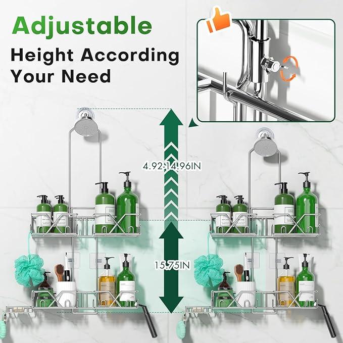 Sewulidon Stainless Steel Shower Caddy Hanging for Handheld Shower Heads,Rustproof Hose Shower Organizer Adjustable Length Shower Rack with 24 Hooks,Razor Holder,Soap Holder - ModernBath