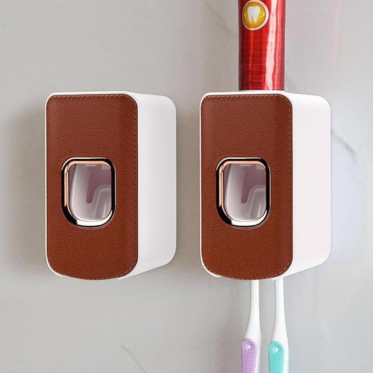 2 Slot Toothbrush Holder and Toothpaste Dispenser Wall Mounted, Automatic Toothpaste Squeezer, 2 in 1 Tooth Brush Toothpaste Organizer for Shower (Brown 2Pack) - ModernBath
