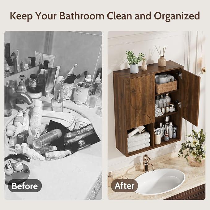 Bathroom Wall Cabinet, 24x30 Inch Small Over The Toilet Storage Cabinet, Walnut Space Saver Hanging Wall Mounted Medicine Cabinet Organizer with 2 Doors, Open Adjustable Shelf for Laundry Room Kitchen - ModernBath