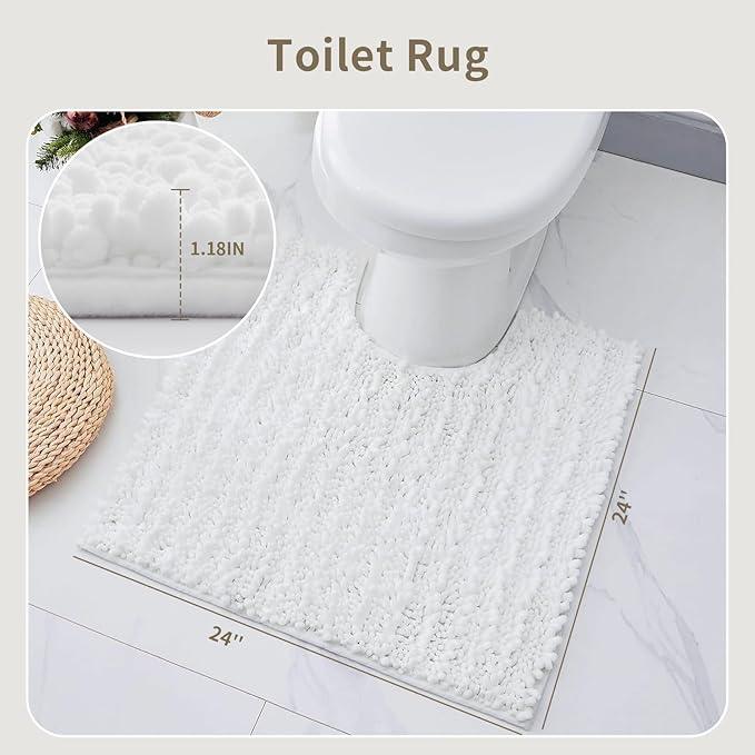 Ruggnovea Toilet Rugs U-Shaped Mat 24x24, Contour Bathroom Mat - Ultra Soft & Absorbent Chenille, Quick-Dry, Machine Washable with Non Slip Barrier Backing, White - ModernBath