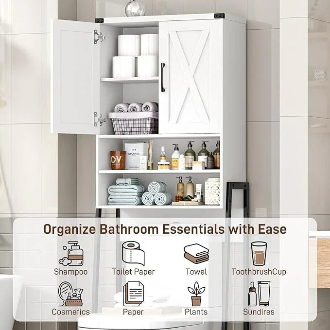 Vabches Over The Toilet Storage Cabinet, Farmhouse Over Toilet Storage Cabinet, Metal Frame with 2 Barn Doors, Home Space-Saving Toilet Rack for Bathroom, Toilet, Laundry Room - ModernBath