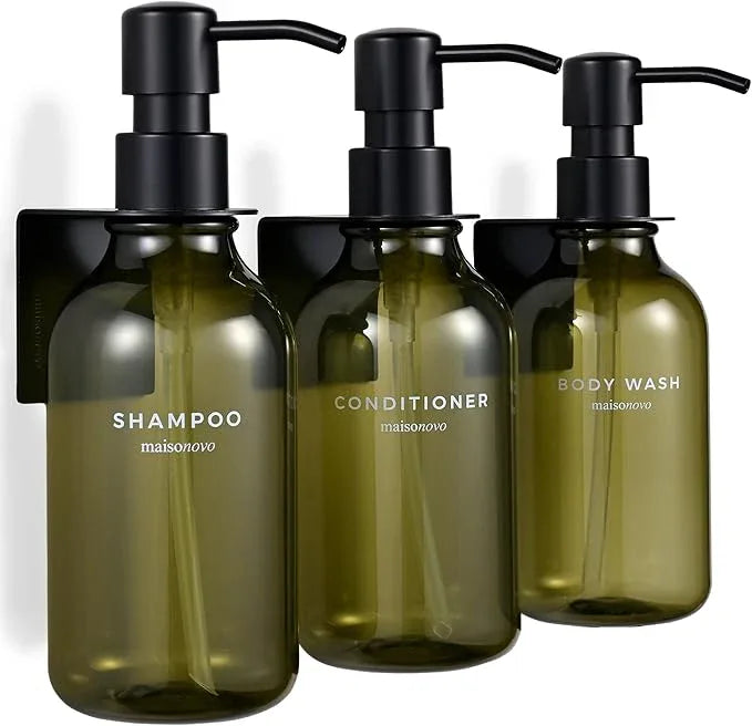MaisoNovo Shampoo and Conditioner Dispenser - Shower Soap Dispenser Wall Mounted - 16.9 fl oz Set of 3 Green Plastic Bottles Black Pump - Shampoo Dispenser, Shower Dispenser - ModernBath