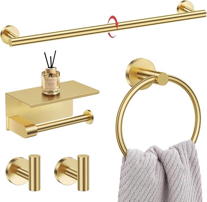 5-Piece Towel Bar Set Brushed Gold Bathroom Hardware Accessories Set Upgraded Toilet Paper Holder with Shelf Towel Holder Set for Bathroom Stainless Steel Wall Mounted - ModernBath