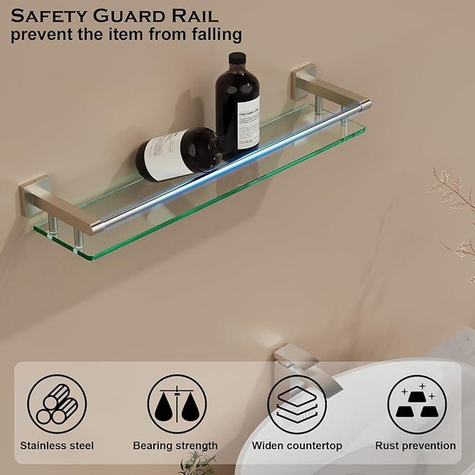 Glass Shelf for Bathroom Wall Sheves 24 inch Rectangular Stainless Steel Tempered Glass Modern Stainless Steel Wall Mount Accessories Organizers Storage (Brushed Nickel, 24‘’) - ModernBath