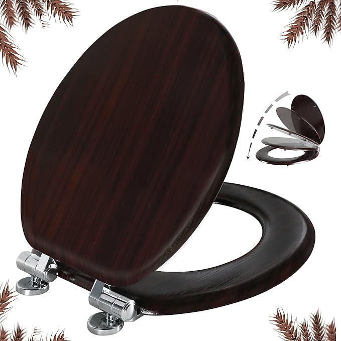 Round Toilet Seat Molded Wood Toilet Seat with Quietly Close and Quick Release Hinges, Easy to Install also Easy to Clean by Angol Shiold (Round, Dark Brown) - ModernBath