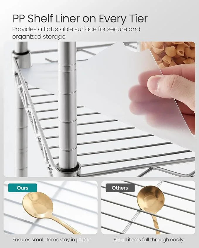 SONGMICS 5-Tier Bathroom Shelf, Storage Rack for Small Space, with 5 PP Shelf Liners, Removable Hook, Extendable Design, Silver and Translucent ULGR023S01 - ModernBath