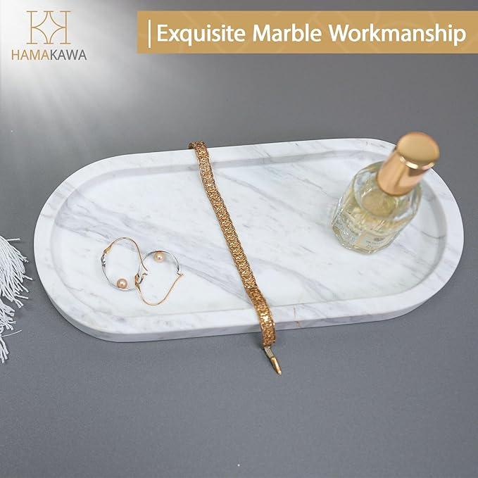 HAMAKAWA Oval Bathroom Vanity Tray, Large Natural Marble Sink Tray 10 inch, Volakas White Stone Soap Trays, Modern Perfume Trays, Countertop Organizer for Kitchen, Coffee Table, Home Decor - ModernBath