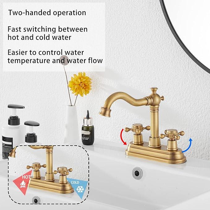 Bathroom Faucet Antique Brass GGStudy 2 Handles 4 Inches Centerset Bathroom Vanity with Drain Assembly and Supply Hose Lavatory Faucet Mixer Double Handle Tap - ModernBath