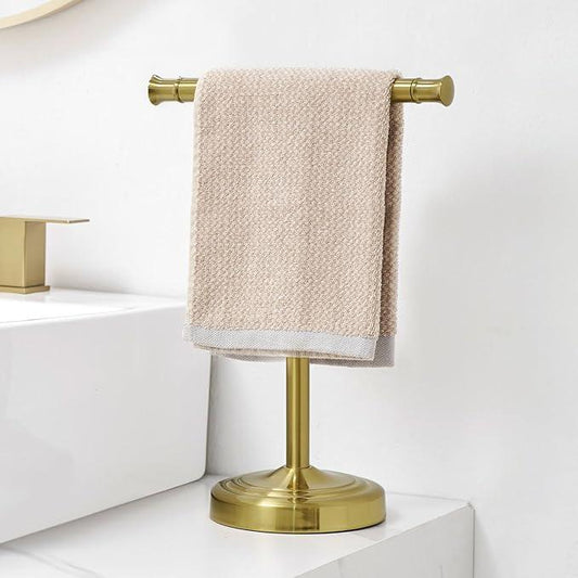 RUMOSE 13 Inch Brushed Gold Towel Stand Hand Towel Holder Bathroom Kitchen Vanity Countertop T-Shape Towel Rack Free Standing Stainless Steel Towel Bar Towel Ring - ModernBath