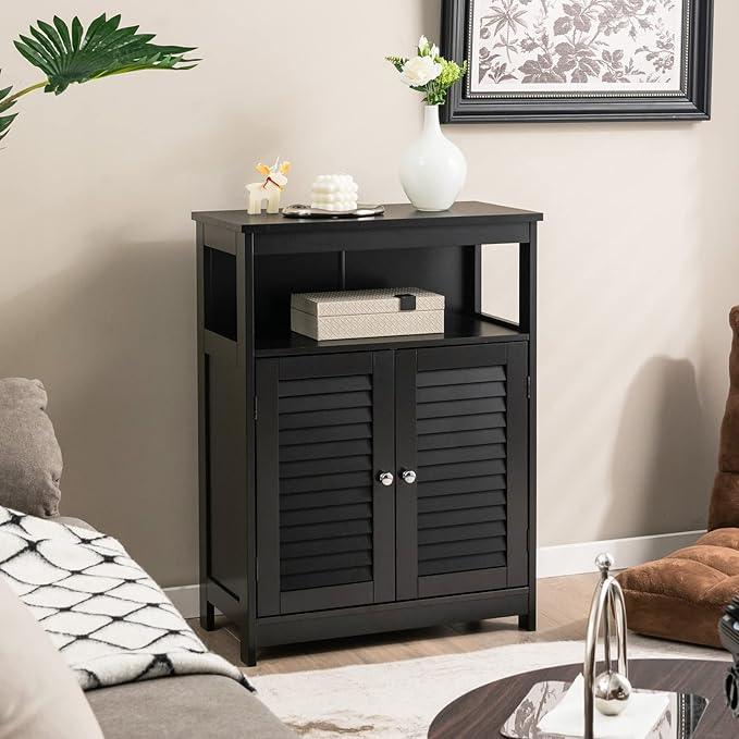 Tangkula Bathroom Floor Cabinet, Wooden Freestanding Storage Cabinet with Double Shutter Door & Adjustable Shelf, Storage Cabinet for Bathroom Living Room (Black) - ModernBath