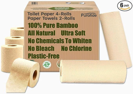 Purafide 100% Natural Bamboo Toilet Paper, Paper Towel Rolls, tree-free, unbleached, 3-Ply, 2 Paper Towel, 4 Large Toilet Paper Rolls (Home Pack) - ModernBath