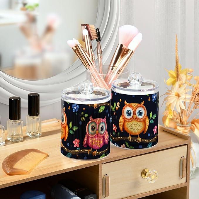 Tatenale Qtip Holder Bathroom Set Q tip Cotton Ball Swab Pad Dispenser Container Organizer Plastic Jars with Lids Storage 2Pack Vibrant Owls Branches Flowers Spring - ModernBath