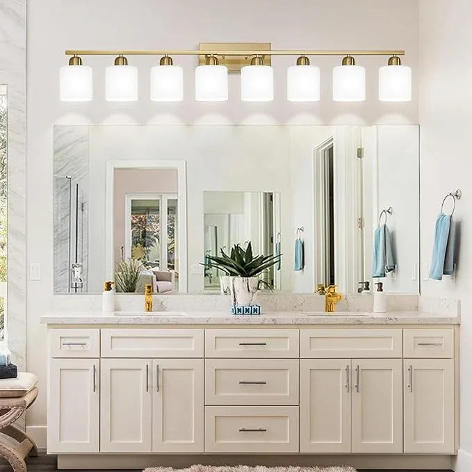 8 Light Bathroom Light Fixtures Gold for Big Mirror, Brushed Gold Vanity Lights for Bathroom with Milky White Frosted Glass Shades, 51 inch Wall Sconce for Mirrors Living Room Bedroom - ModernBath
