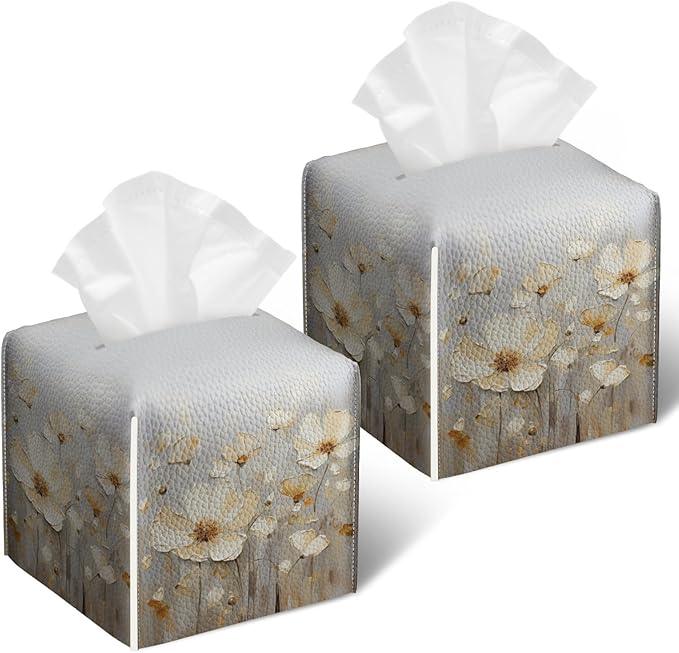White Poppy Tissue Box Cover 2PCS, Flower Floral Leather Tissue Box Holder Square Facial Paper Case Tissue Box Cube Organizer for Bathroom Bedroom Desk Office - ModernBath