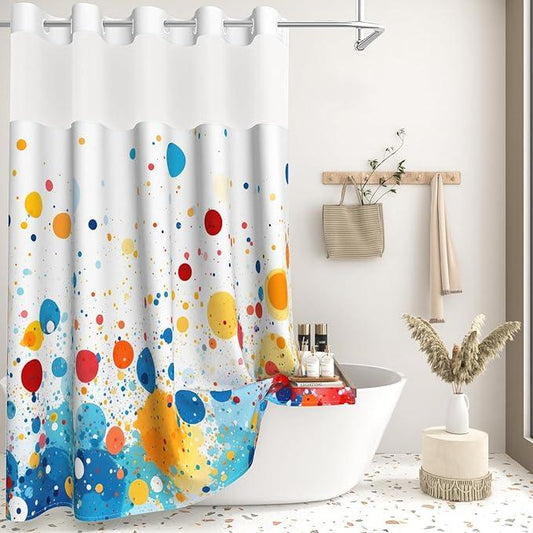 Kids Rainbow No Hook Shower Curtain and Liner Set, Abstract Colorful Cute Polka Dot Double Layers Waterproof Fabric Shower Curtain, Modern Geometric Aesthetic Decor Bathroom Curtains, 71x74 Inch - ModernBath