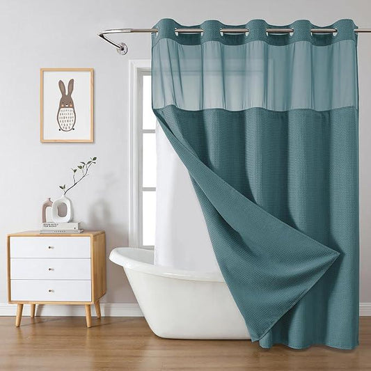 eachope SeawedGreen Long No Hook Waffle Weave Shower Curtain with snap-in Liner Replacement, 230GSM Waterproof Fabric Hotel Shower Curtain Set for Bathroom, Through Mesh Top Window,71Wx80H - ModernBath