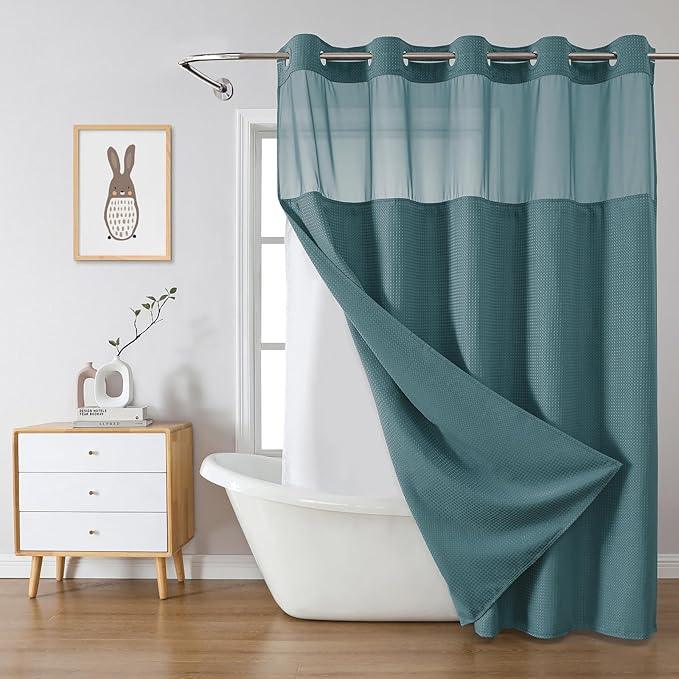 eachope SeawedGreen Extra Long No Hook Waffle Weave Shower Curtain with snap-in Liner Replacement, 230GSM Waterproof Fabric Hotel Shower Curtain Set for Bathroom, Through Mesh Top Window,71Wx86H - ModernBath