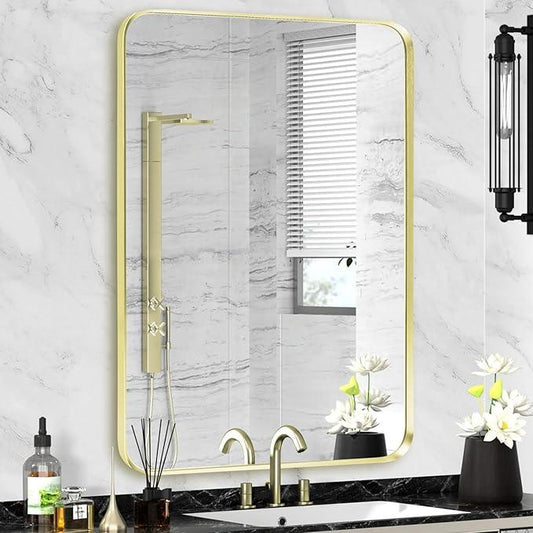 Minuover Wall Mount Mirror for Bathroom, Brushed Gold Metal Framed Rounded Corner Rectangular Vanity Mirror, Tempered Glass (28" x 36", Gold) - ModernBath