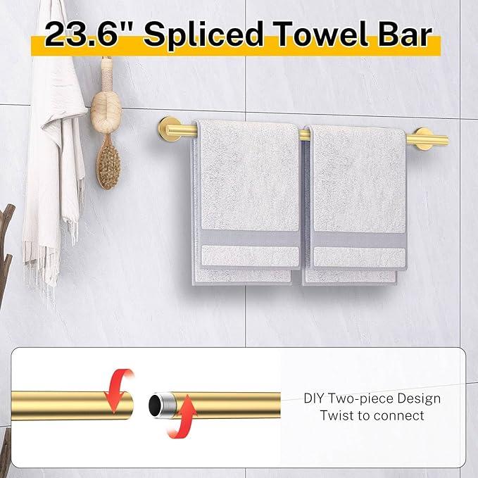 Brushed Gold Bathroom Hardware Set 5 Pieces Towel Bar Set Round Towel Holder Set for Bathroom,Upgraded Toilet Paper Holder with Shelf,Stainless Steel Wall Mounted 23.6 Inch - ModernBath