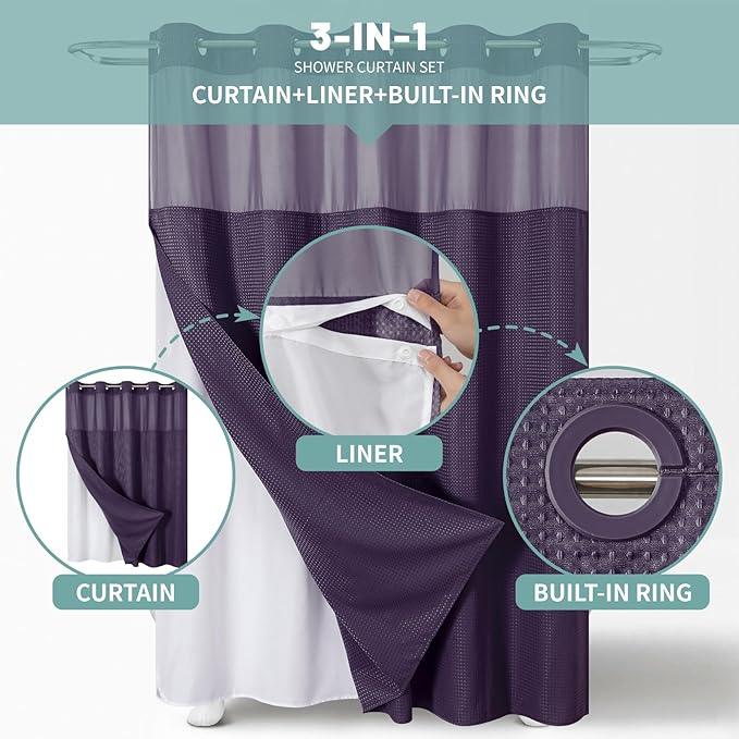 eachope Purple Extra Long No Hook Waffle Weave Shower Curtain with snap-in Liner Replacement, 230GSM Waterproof Fabric Hotel Shower Curtain Set for Bathroom, Through Mesh Top Window,71Wx86H - ModernBath