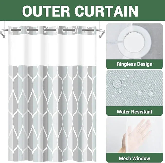 Yiatn No Hook Grey Extra Long Shower Curtain with Snap in Fabric Liner Set - Hotel Style with See Through Mesh Top Window, Modern Geometric Waterdrop Design,Waterproof and Washable, 71x86 INCH - ModernBath