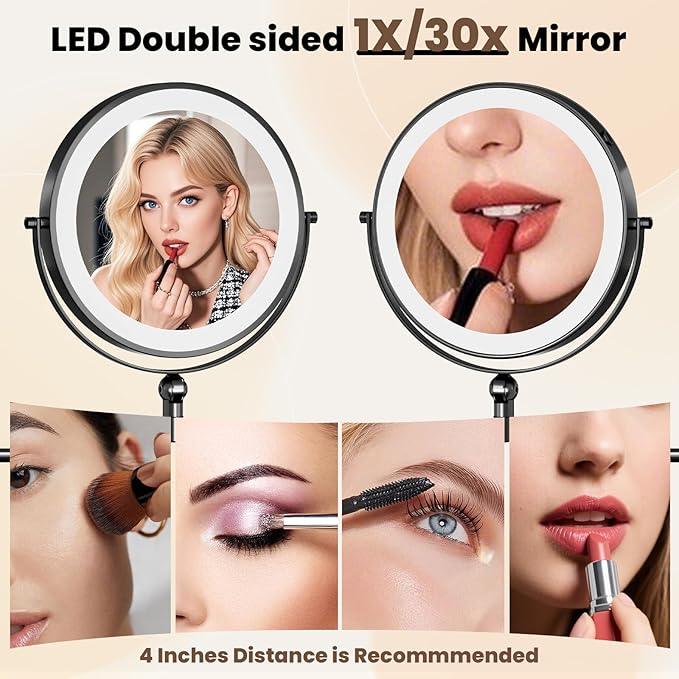 Rocollos Rechargeable Wall Mounted Lighted Makeup Mirror, 8 Inch Double-Sided LED Vanity Mirror 1X/10X Magnification,3 Color Lights Touch Screen Dimmable (Black-30X) - ModernBath