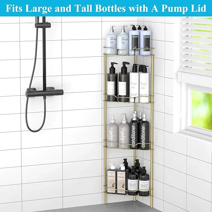 4 Tier Floor Standing Corner Shower Caddy Organizer Shelf with Hooks, Bathroom Shelves Stand Rack, Gold - ModernBath
