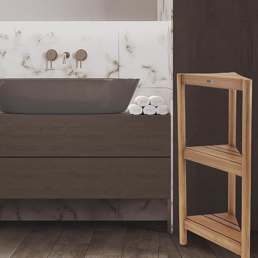 SPATEAK Asta Select Solid Teak Free Standing Corner Shelf, 3-Tier Bathroom Corner Stand, Corner Rack for Bathroom, Kitchen, Living Room, Bedroom, Fully Assembled, ST-80
