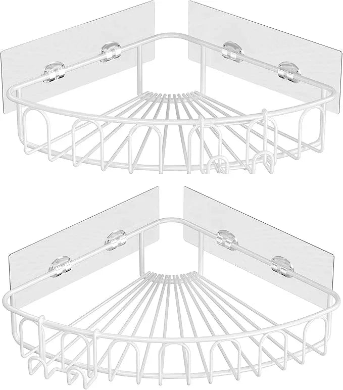 Orimade Corner Shower Caddy with 2 Hooks Wall Mounted Metal Bathroom Shelf Storage Organizer Adhesive No Drilling 2 Pack, White Only for 90-Degree Corner - ModernBath