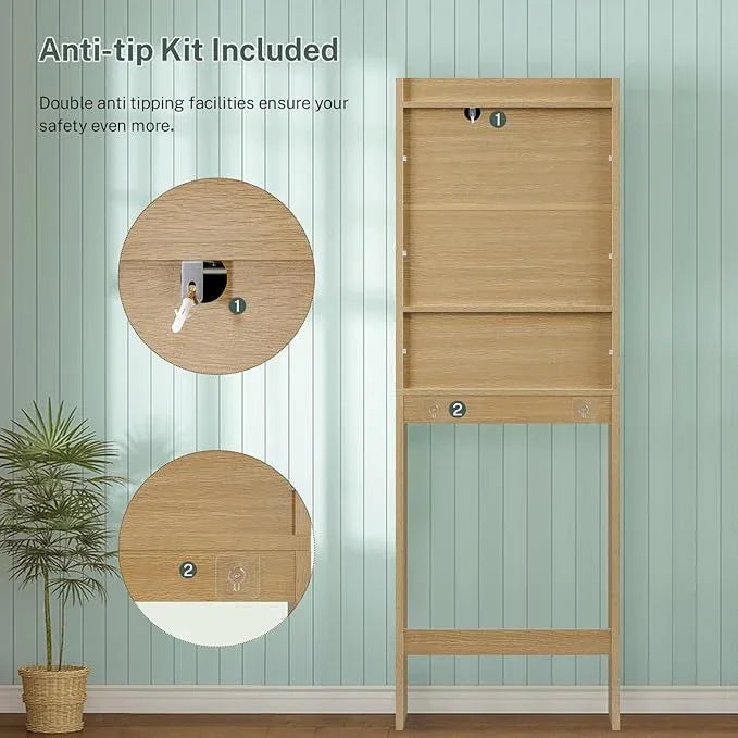 TEENFON Over The Toilet Storage Cabinet with 4 Open Shelves and 2 Fluted Doors, Extra Tall Bathroom Organizer Unit with Adjustable Shelf, Home Space Saver for Bathroom, Laundry Room, Natural - ModernBath