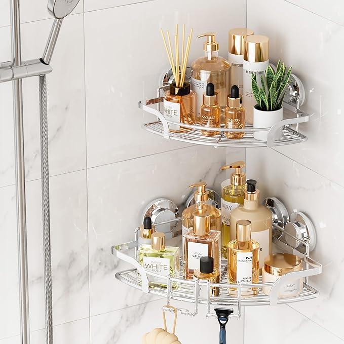 TAILI 2 Pack Powerful Suction Cup Corner Shower Caddy, Stainless Steel Rustproof Shower Shelf with Hook, Drill-Free Wall Mounted Basket, Large Capacity Removable Suction Cup Bathroom Organizer, Silver - ModernBath