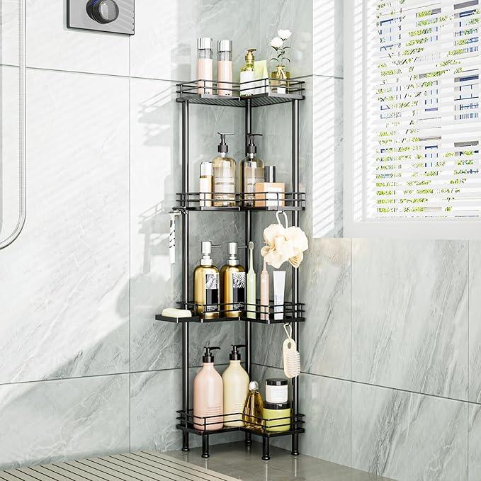 Consumest Corner Shower Caddy Standing - 4-Tier Stainless Steel Shower Organizer with Soap Holder and 4 Hooks, Large Capacity Corner Shelf Stand for Bathroom, Rest Room, Black - ModernBath